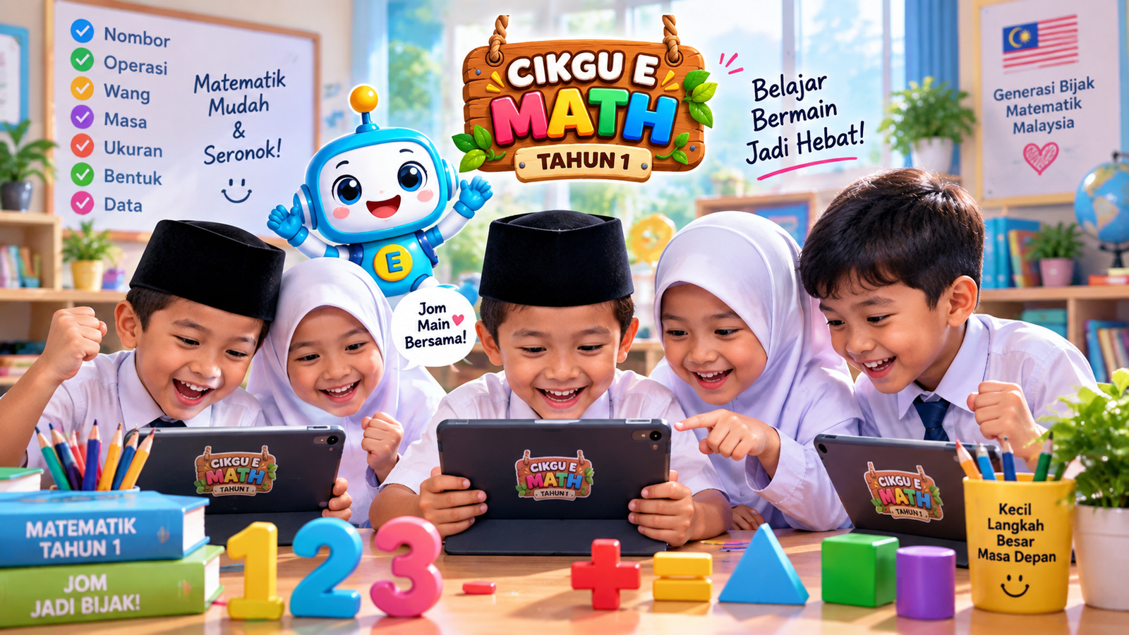 Kanak-kanak gembira belajar dengan Cikgu E Math