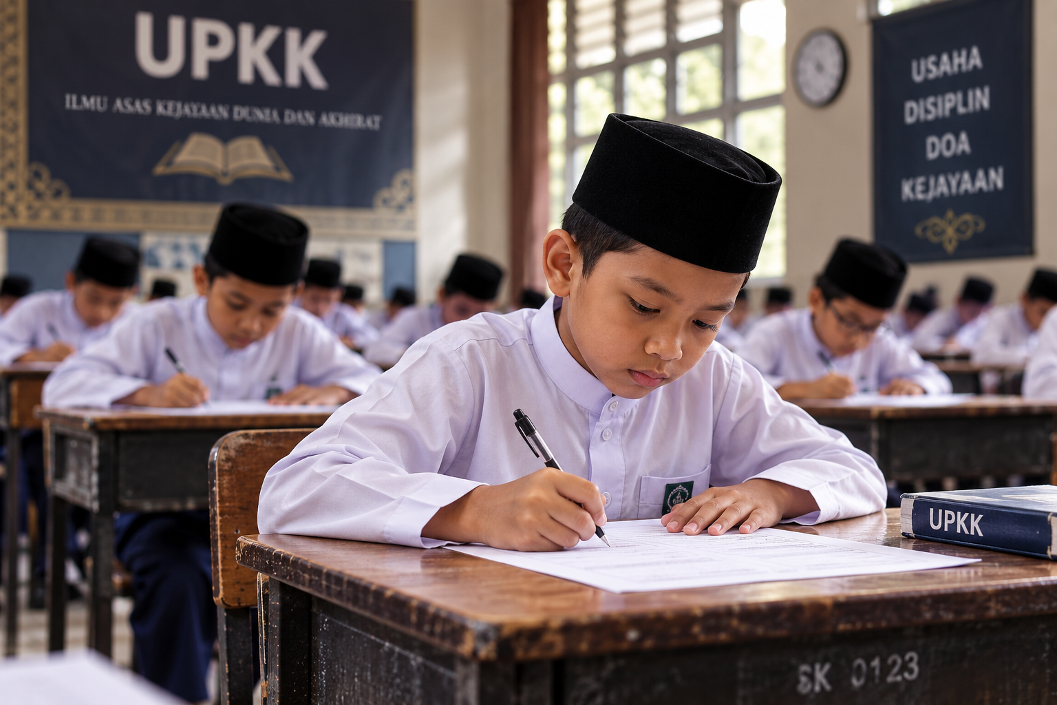 Pelajar fokus menjawab peperiksaan UPKK di dalam kelas